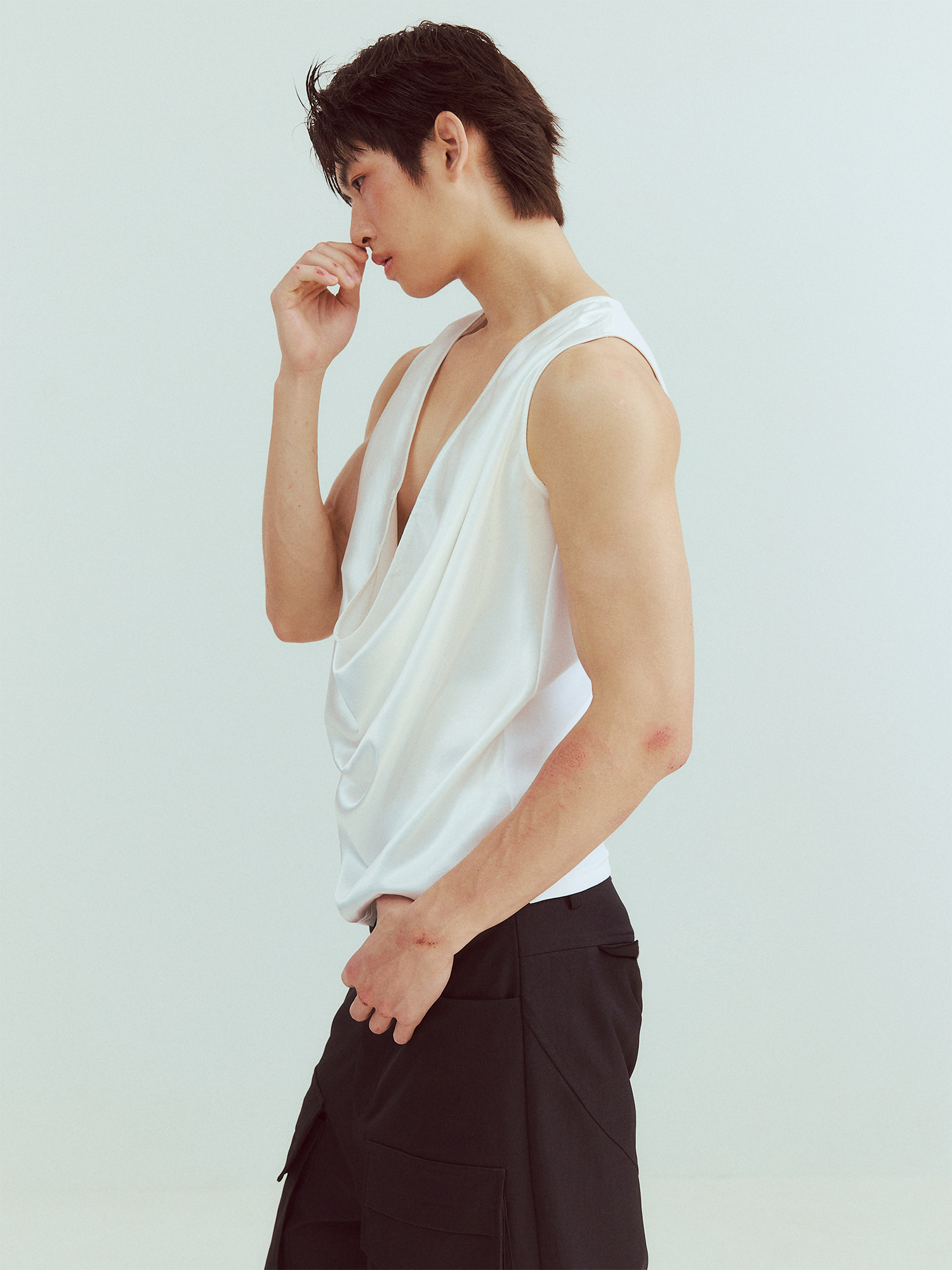 KADAKADA Pearl Sheen Deep V Draped Sleeveless Shirt