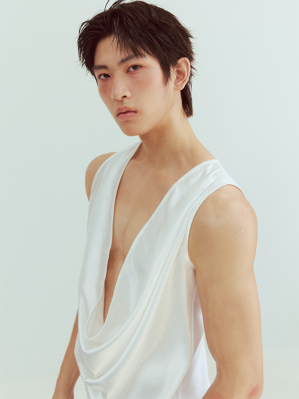 KADAKADA Pearl Sheen Deep V Draped Sleeveless Shirt