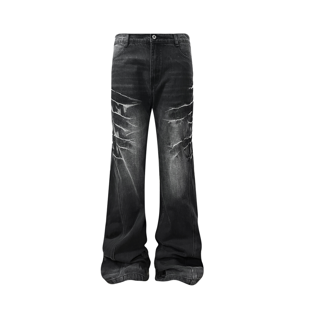 TH4SWE Washed Cracked Whisker Flared Jeans