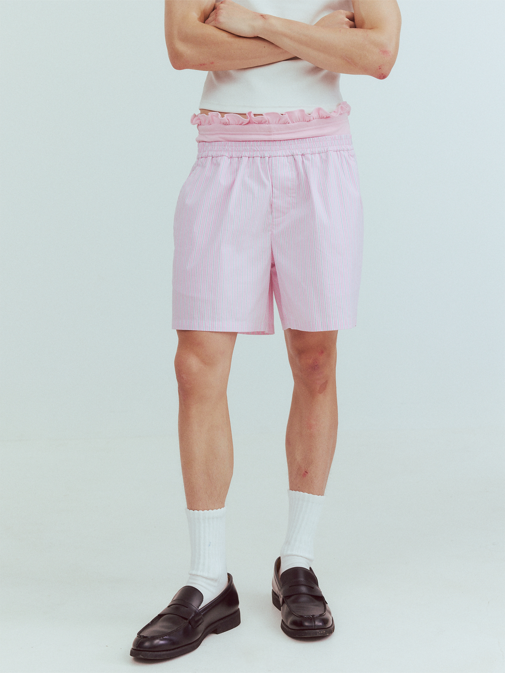KADAKADA Retro Striped Ruffle-Waist Layered Shorts