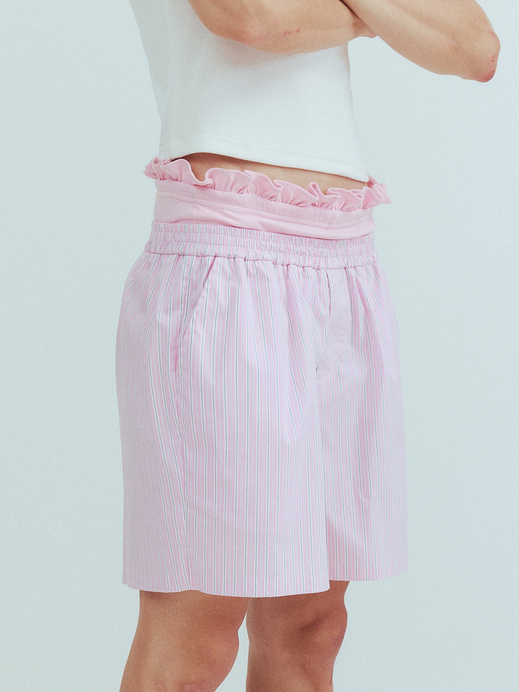 KADAKADA Retro Striped Ruffle-Waist Layered Shorts