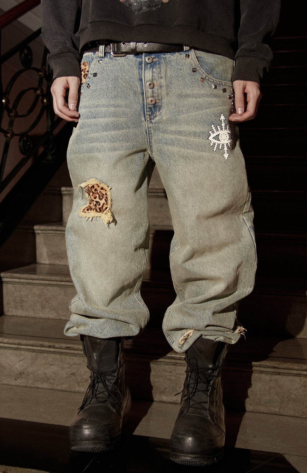PHANTOMHUNTER Washed Leopard Patch Baggy Jeans