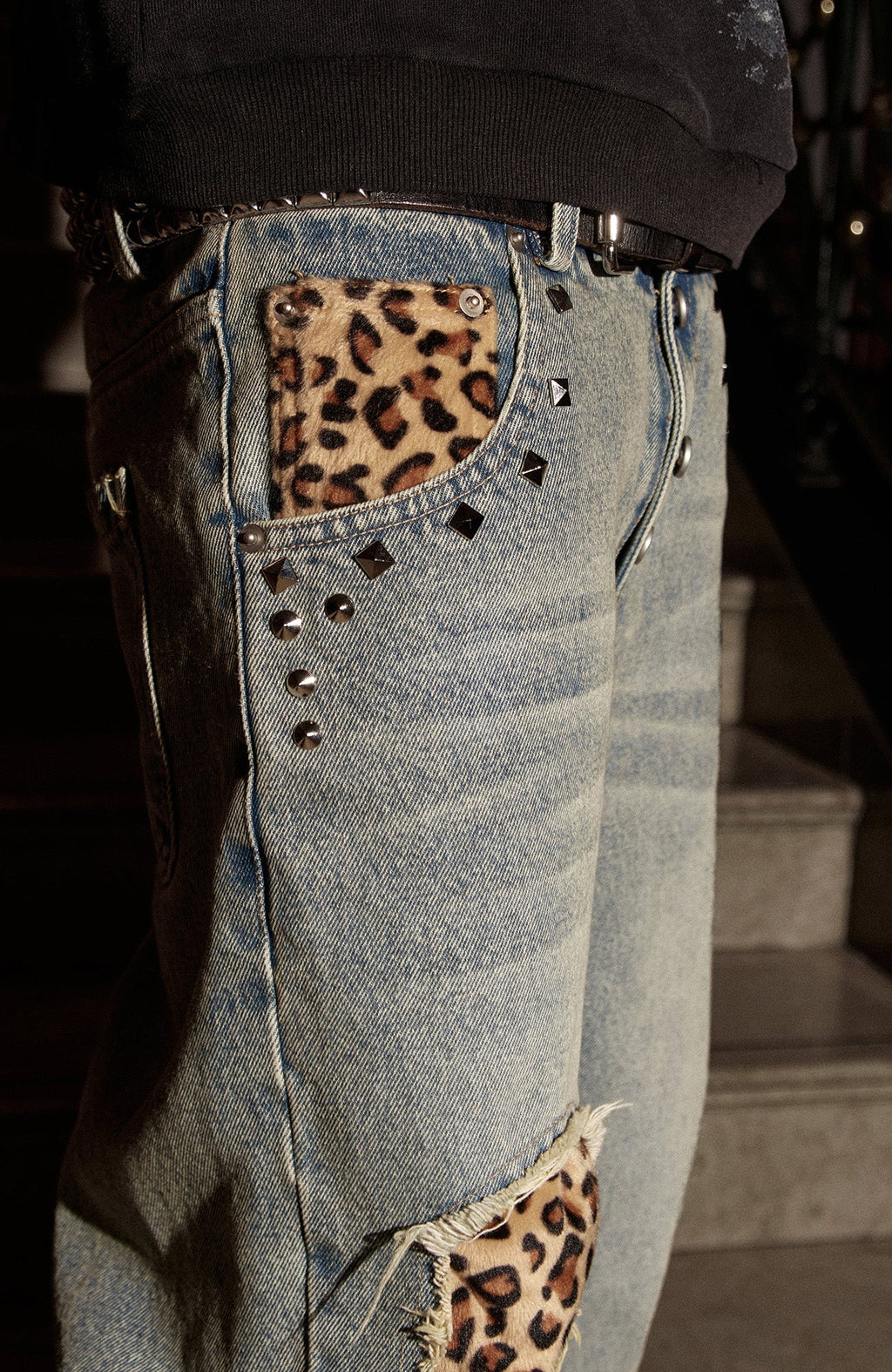 PHANTOMHUNTER Washed Leopard Patch Baggy Jeans
