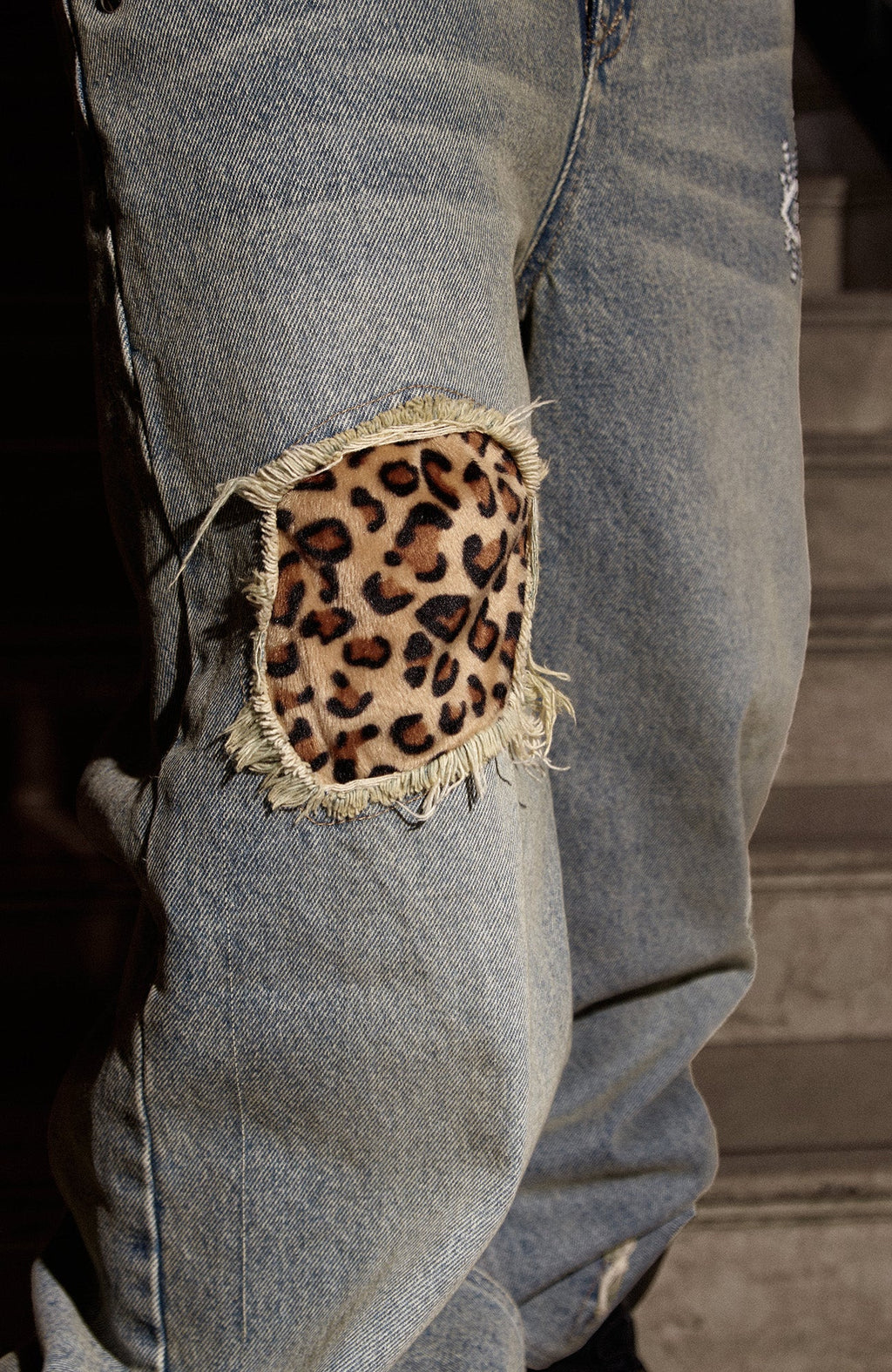 PHANTOMHUNTER Washed Leopard Patch Baggy Jeans