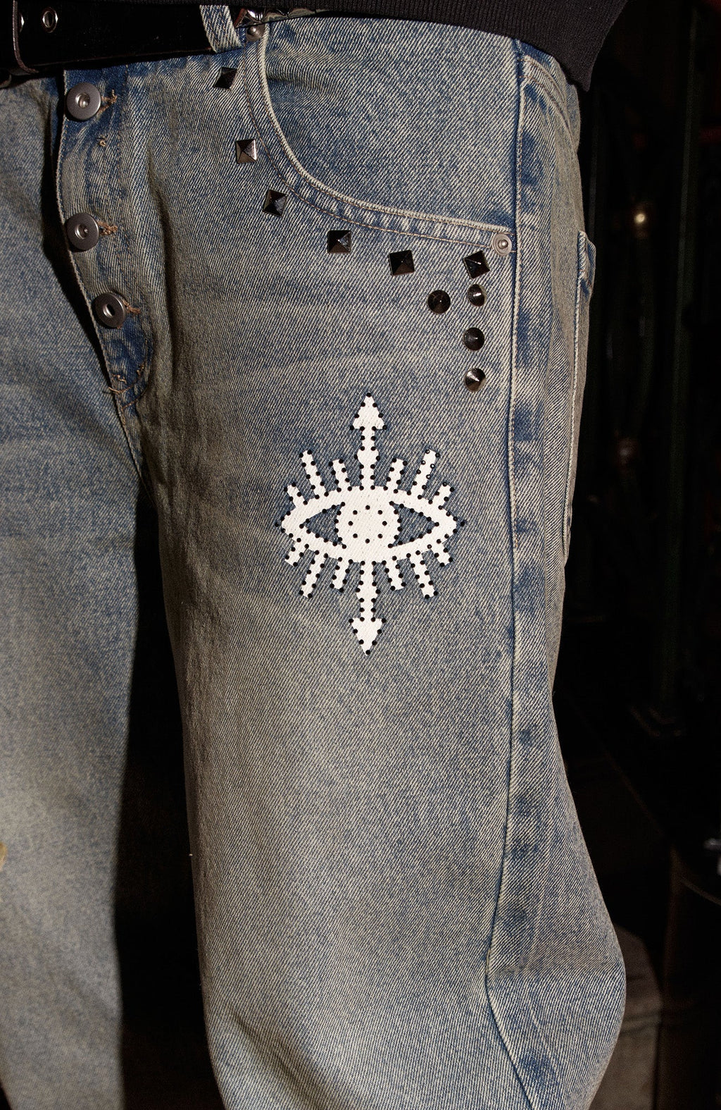 PHANTOMHUNTER Washed Leopard Patch Baggy Jeans