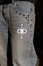 PHANTOMHUNTER Washed Leopard Patch Baggy Jeans