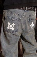 PHANTOMHUNTER Washed Leopard Patch Baggy Jeans