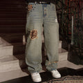 PHANTOMHUNTER Washed Leopard Patch Baggy Jeans