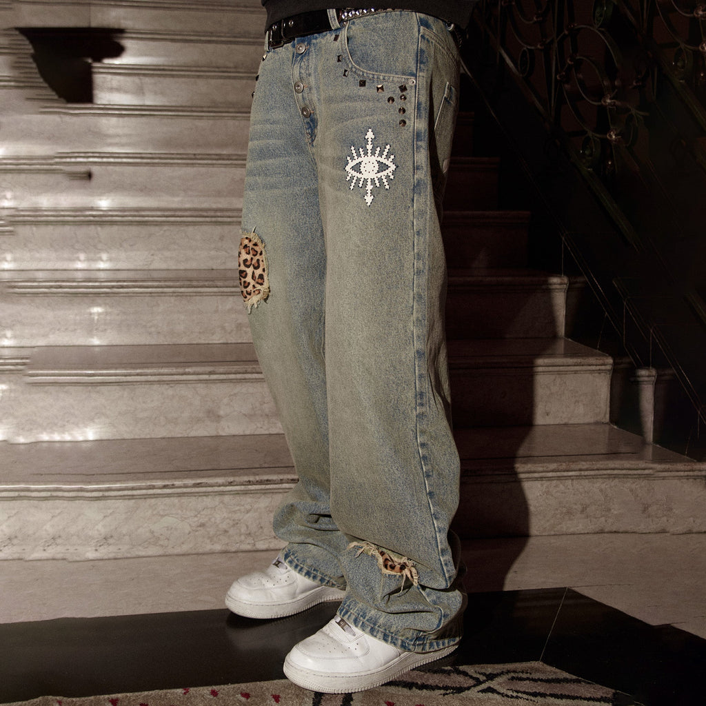 PHANTOMHUNTER Washed Leopard Patch Baggy Jeans