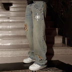 PHANTOMHUNTER Washed Leopard Patch Baggy Jeans