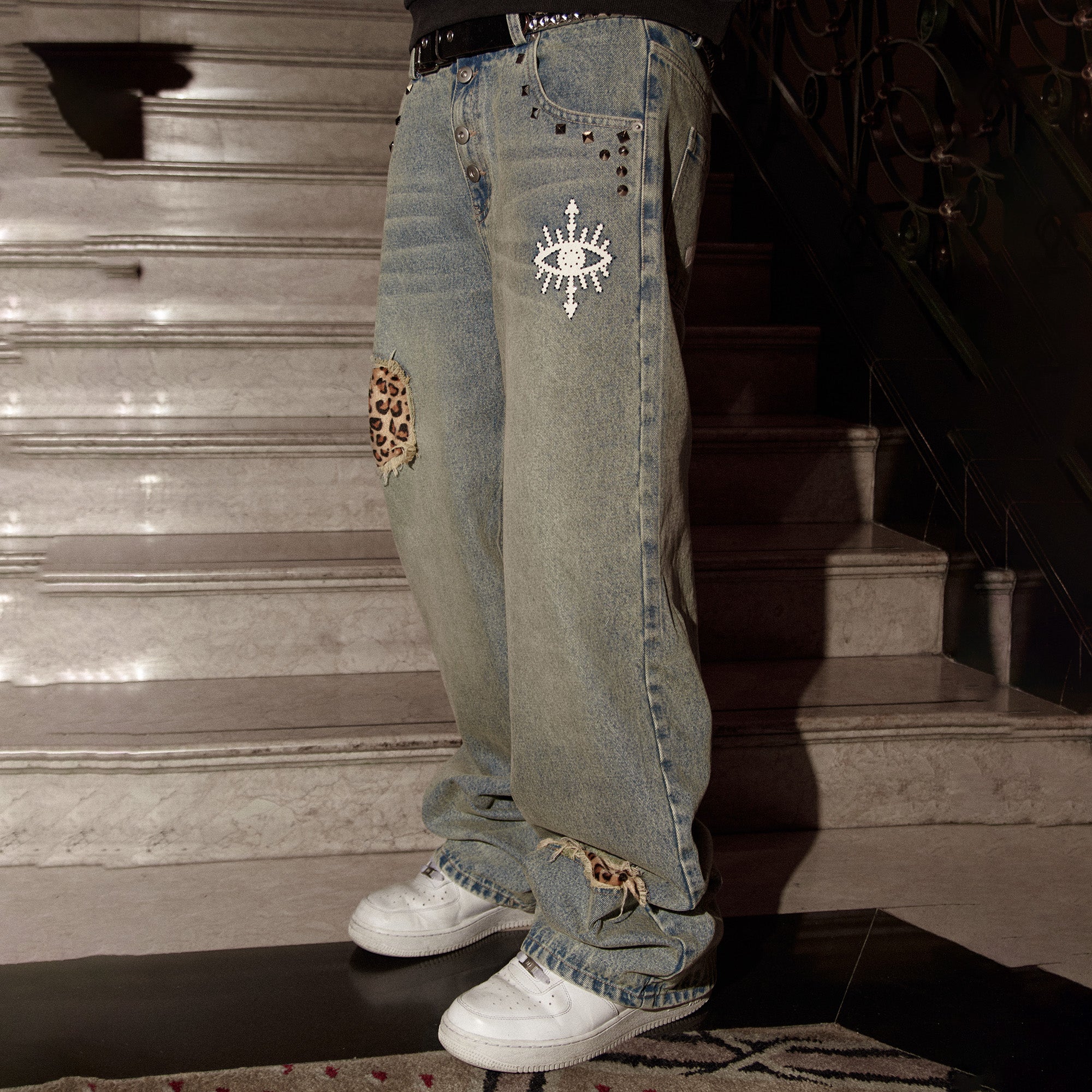 PHANTOMHUNTER Washed Leopard Patch Baggy Jeans