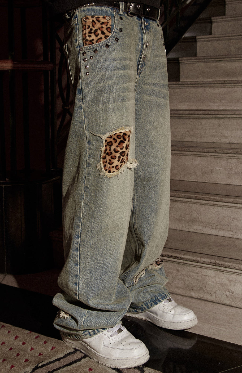 PHANTOMHUNTER Washed Leopard Patch Baggy Jeans