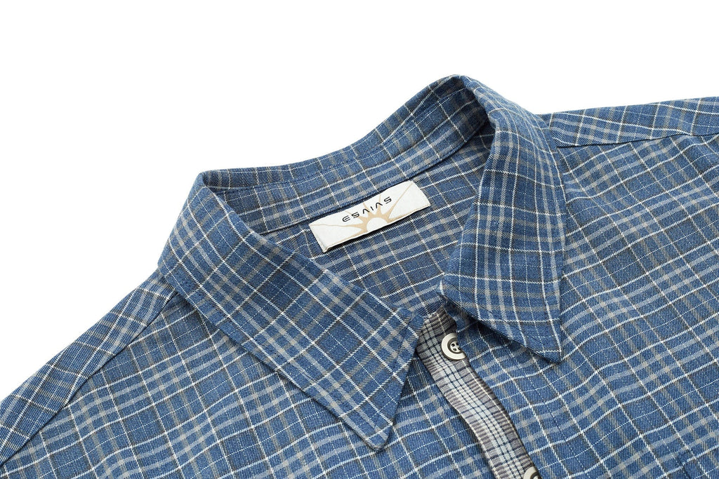 ESAIAS Plaid Layered Raw-Edge Half Shirt Blue