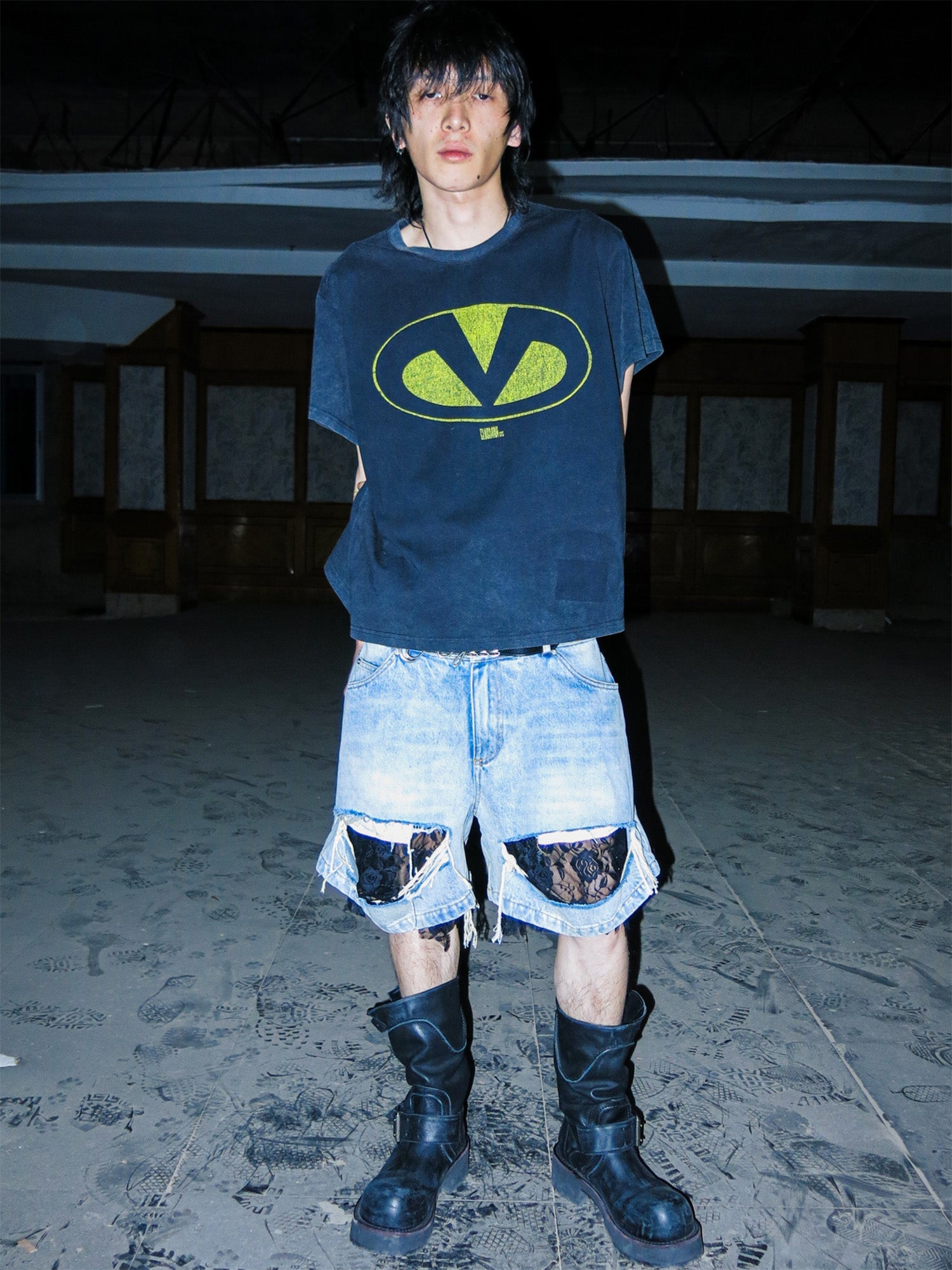 PCCVISION Lace-Spliced Denim Shorts