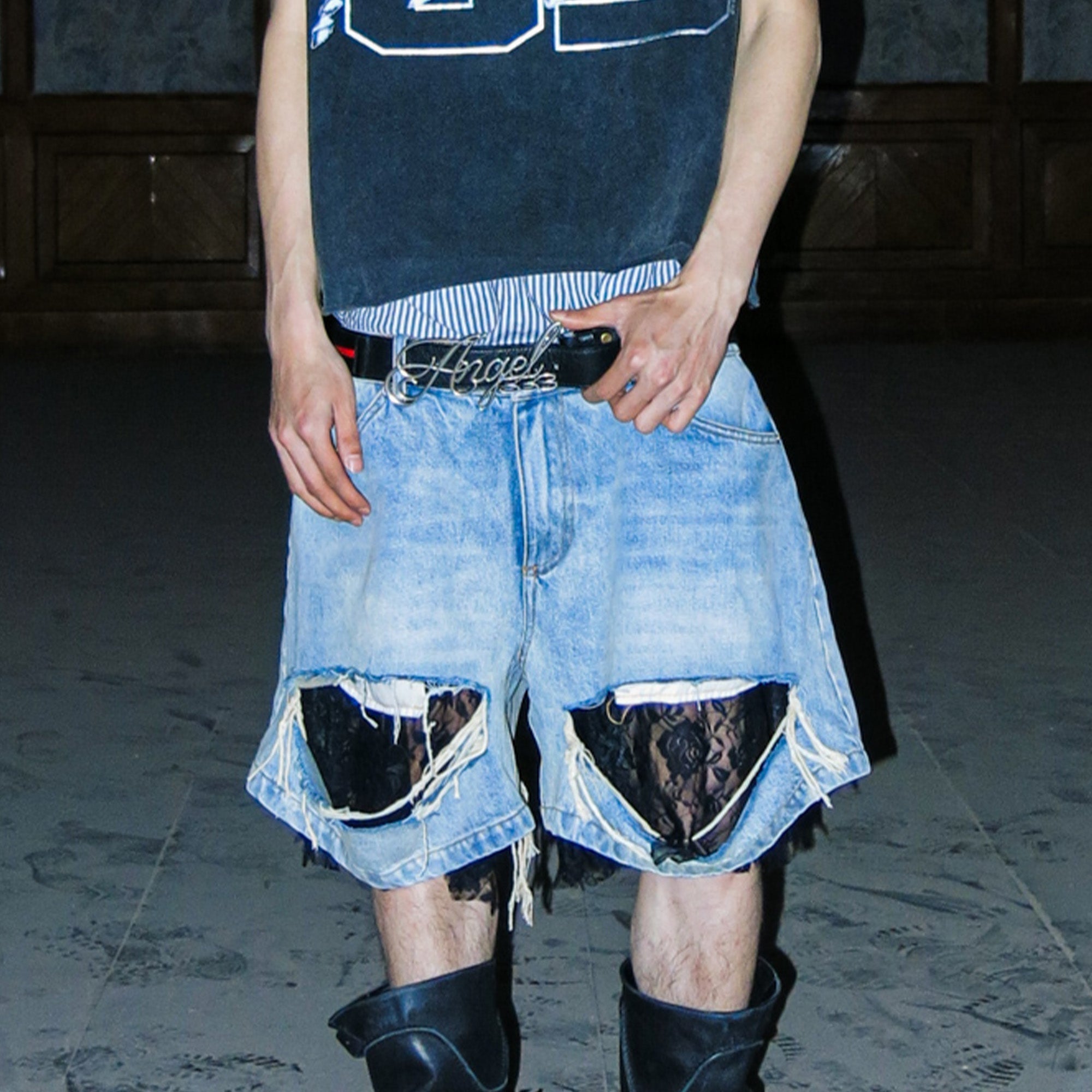 PCCVISION Lace-Spliced Denim Shorts