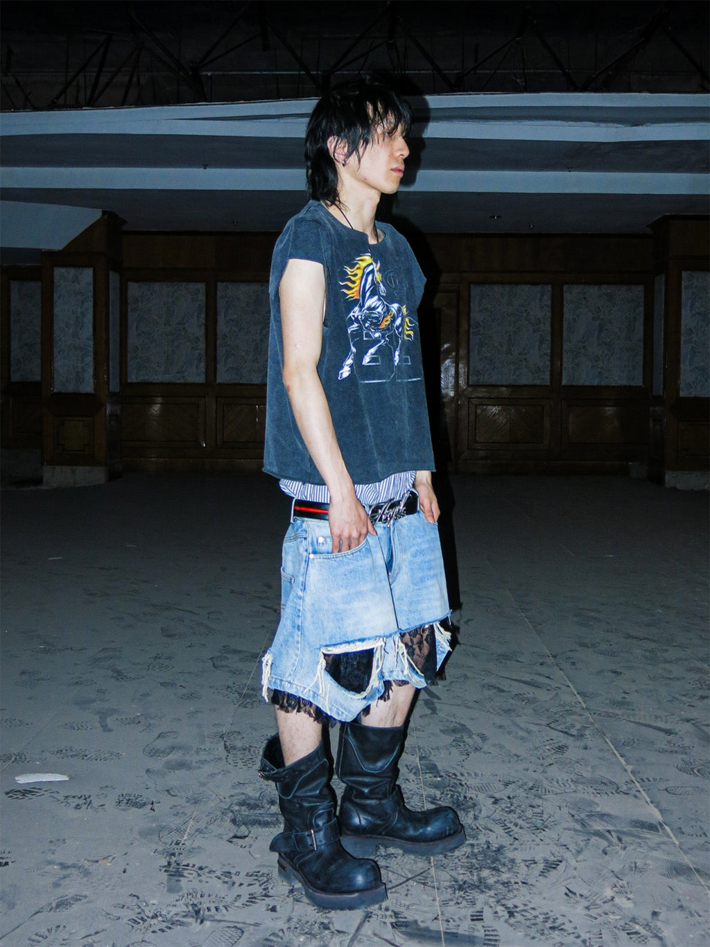 PCCVISION Lace-Spliced Denim Shorts