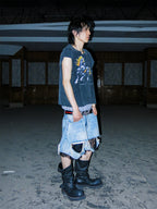 PCCVISION Lace-Spliced Denim Shorts