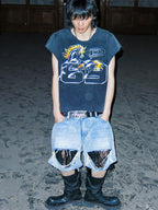 PCCVISION Lace-Spliced Denim Shorts