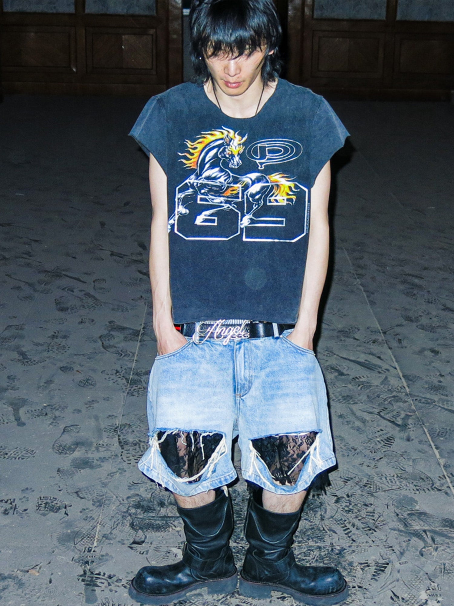 PCCVISION Lace-Spliced Denim Shorts