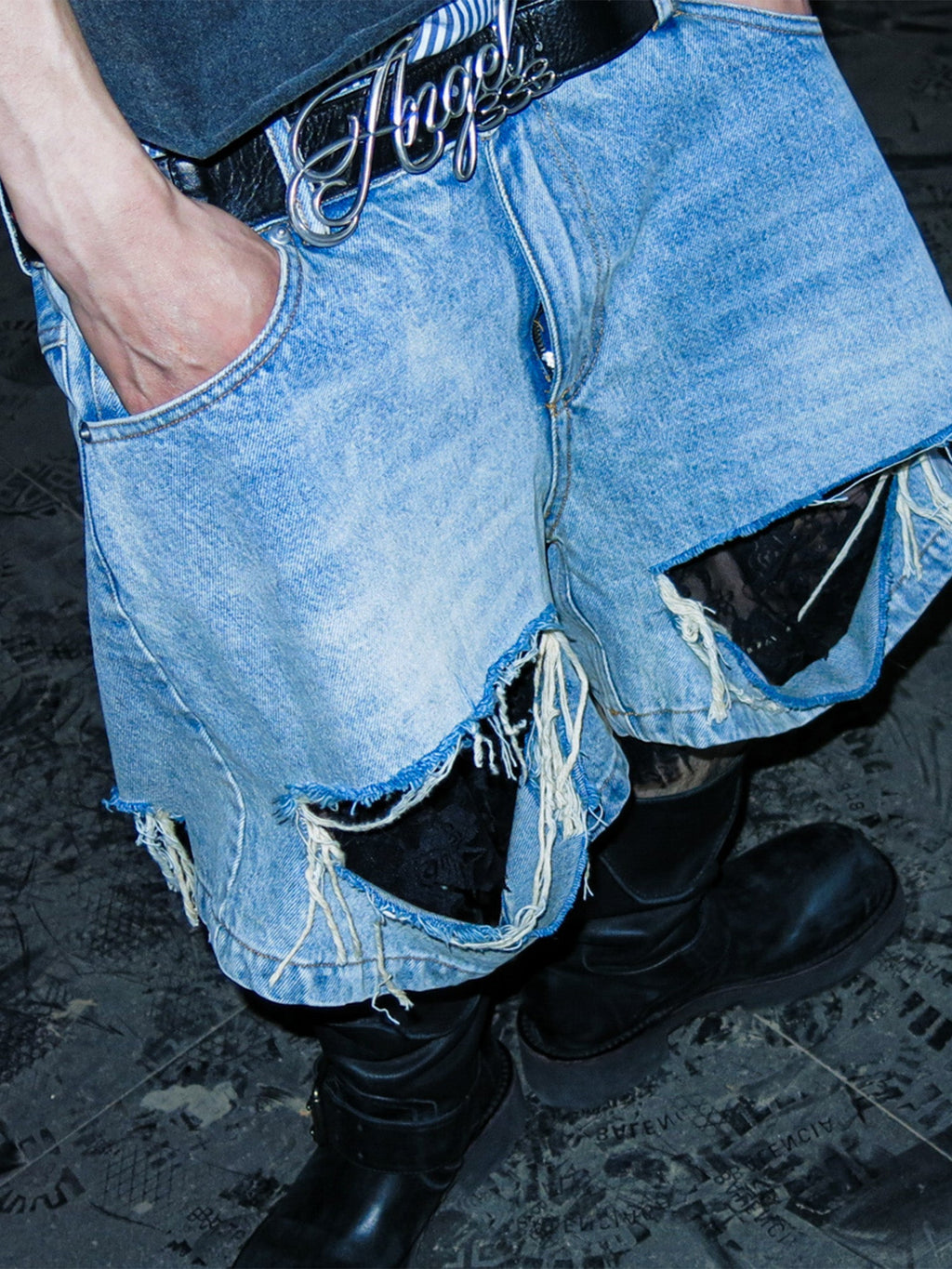 PCCVISION Lace-Spliced Denim Shorts