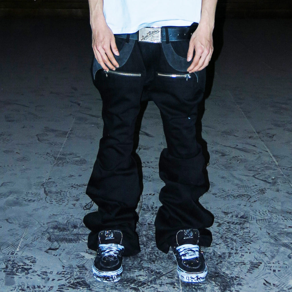PCCVISION Lace-Up Zipper Flared Jeans