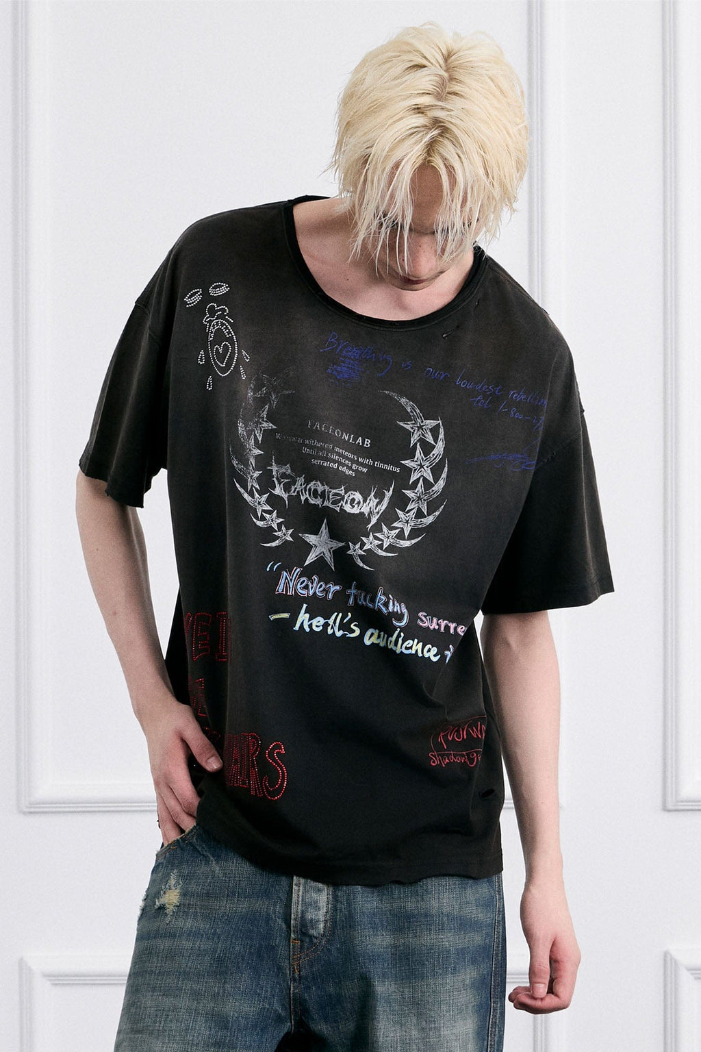 FACEONLAB Punk Graffiti Diamond Distressed T-Shirt