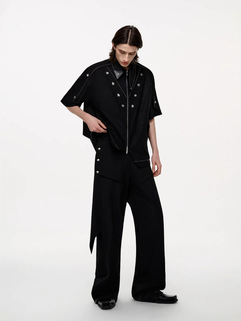 TIWILLTANG Studded Trim Zip-Up Half Shirt