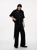 TIWILLTANG Studded Trim Zip-Up Half Shirt