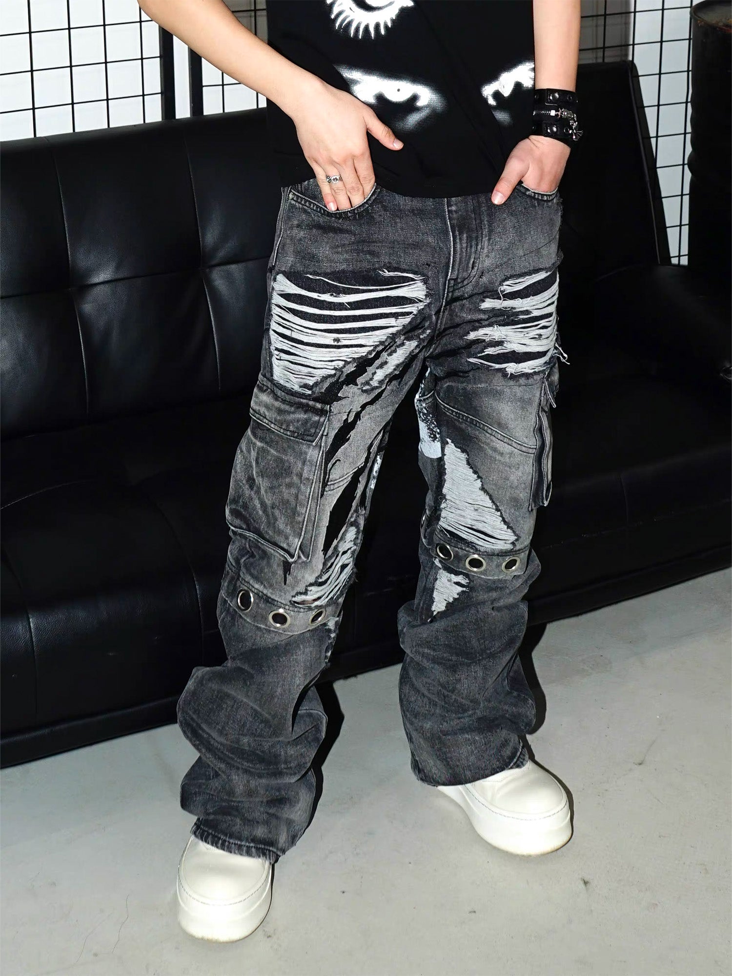 VINKID Distressed Grommet Strap Flared Jeans
