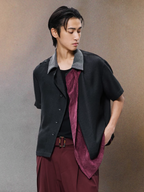 ALVNG AR ANTS Asymmetrical Contrast Spliced Linen Half Shirt