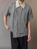 ALVNG AR ANTS Asymmetrical Contrast Spliced Linen Half Shirt