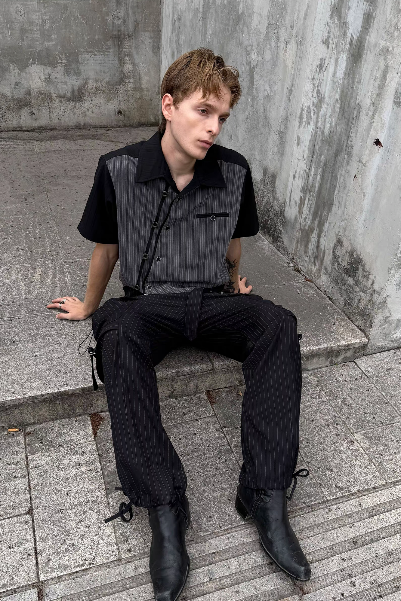 ESAIAS Jacquard Pinstripe Asymmetrical Paneled Half Shirt