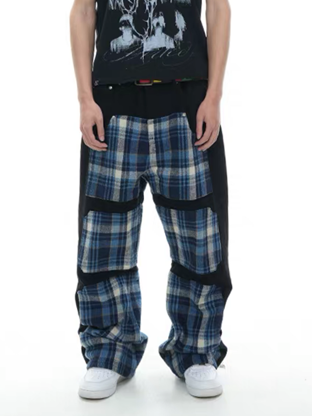 VINKID Plaid Paneled Wide-Leg Jeans
