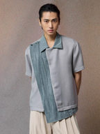 ALVNG AR ANTS Asymmetrical Contrast Spliced Linen Half Shirt