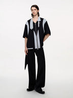 TIWILLTANG Layered-Collar Contrast-Panel Zip-Up Half Shirt