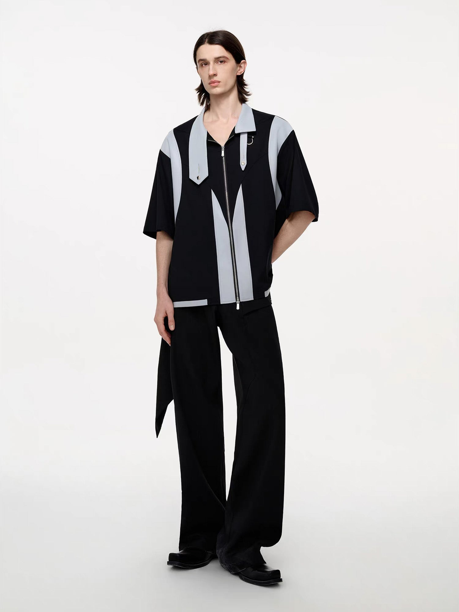 TIWILLTANG Layered-Collar Contrast-Panel Zip-Up Half Shirt