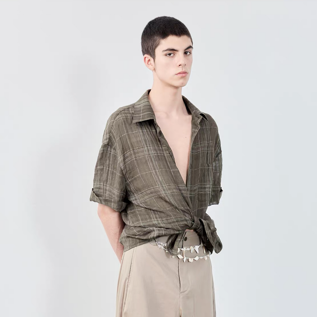 GRAINMUSTARD Linen-Cotton Plaid Half Shirt