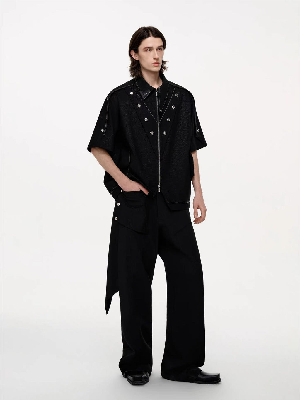 TIWILLTANG Studded Trim Zip-Up Half Shirt