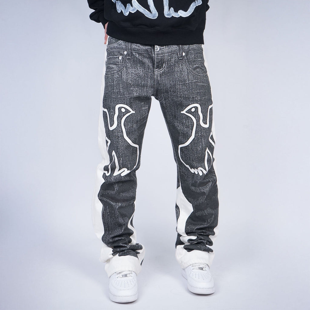 VINKID Faux-Layered Dove Graphic Contrast Panel Jeans