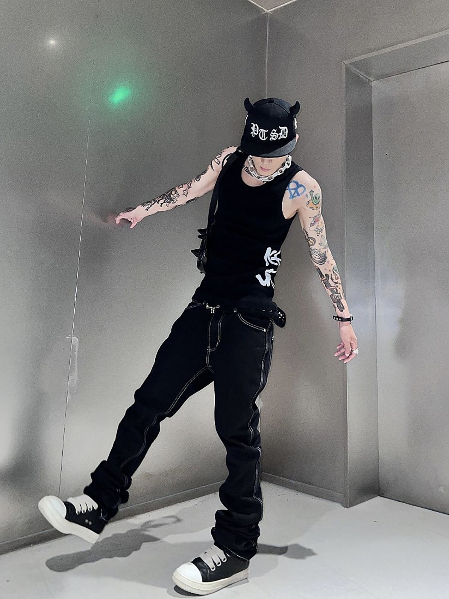 VINKID Embroidered Contrast Stitch Stacked Skinny Jeans