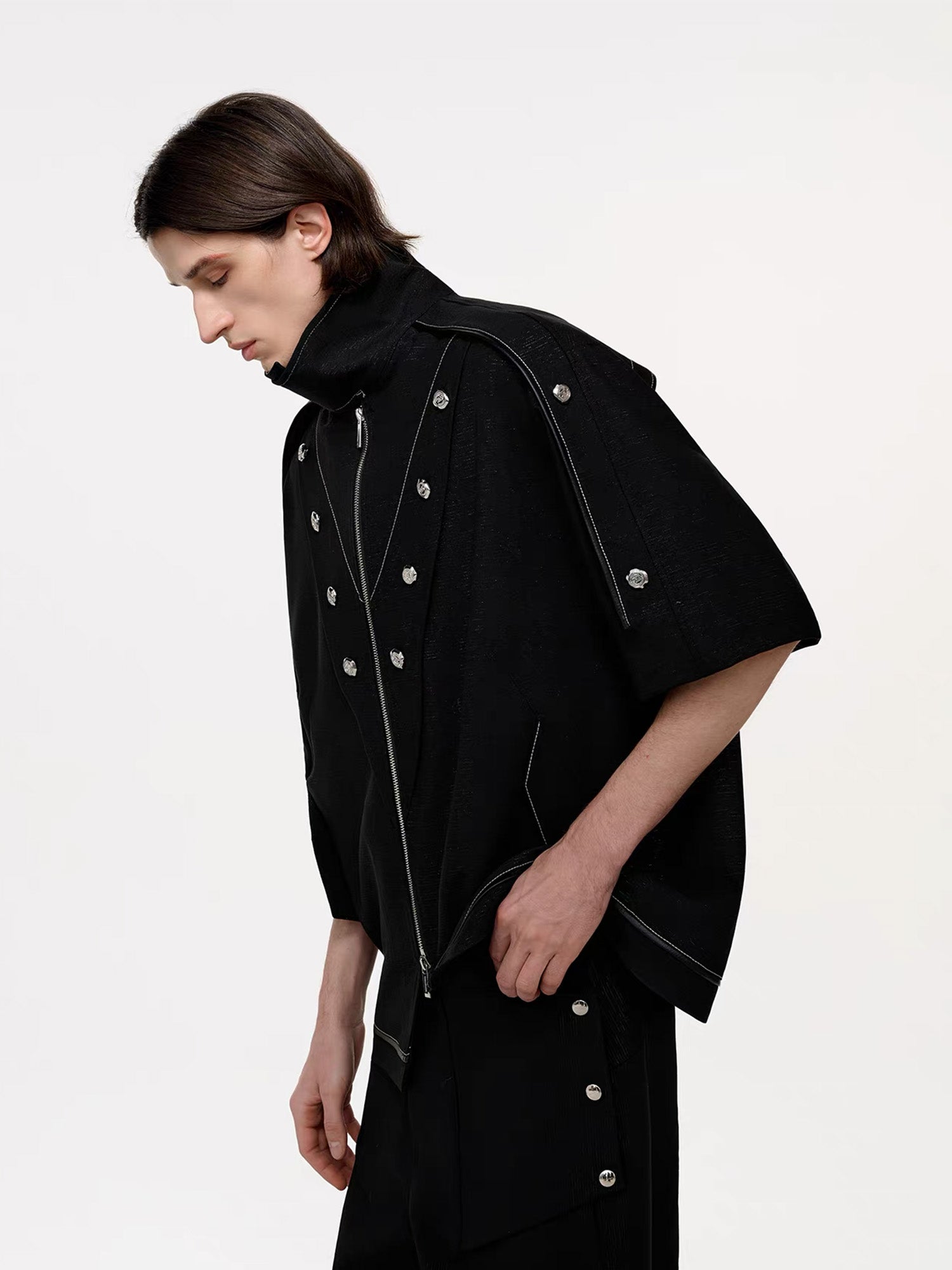TIWILLTANG Studded Trim Zip-Up Half Shirt