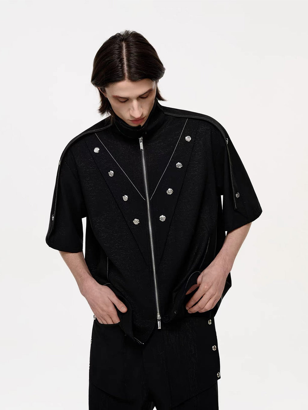 TIWILLTANG Studded Trim Zip-Up Half Shirt