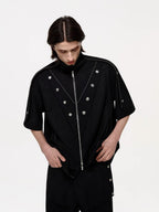TIWILLTANG Studded Trim Zip-Up Half Shirt