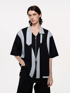 TIWILLTANG Layered-Collar Contrast-Panel Zip-Up Half Shirt