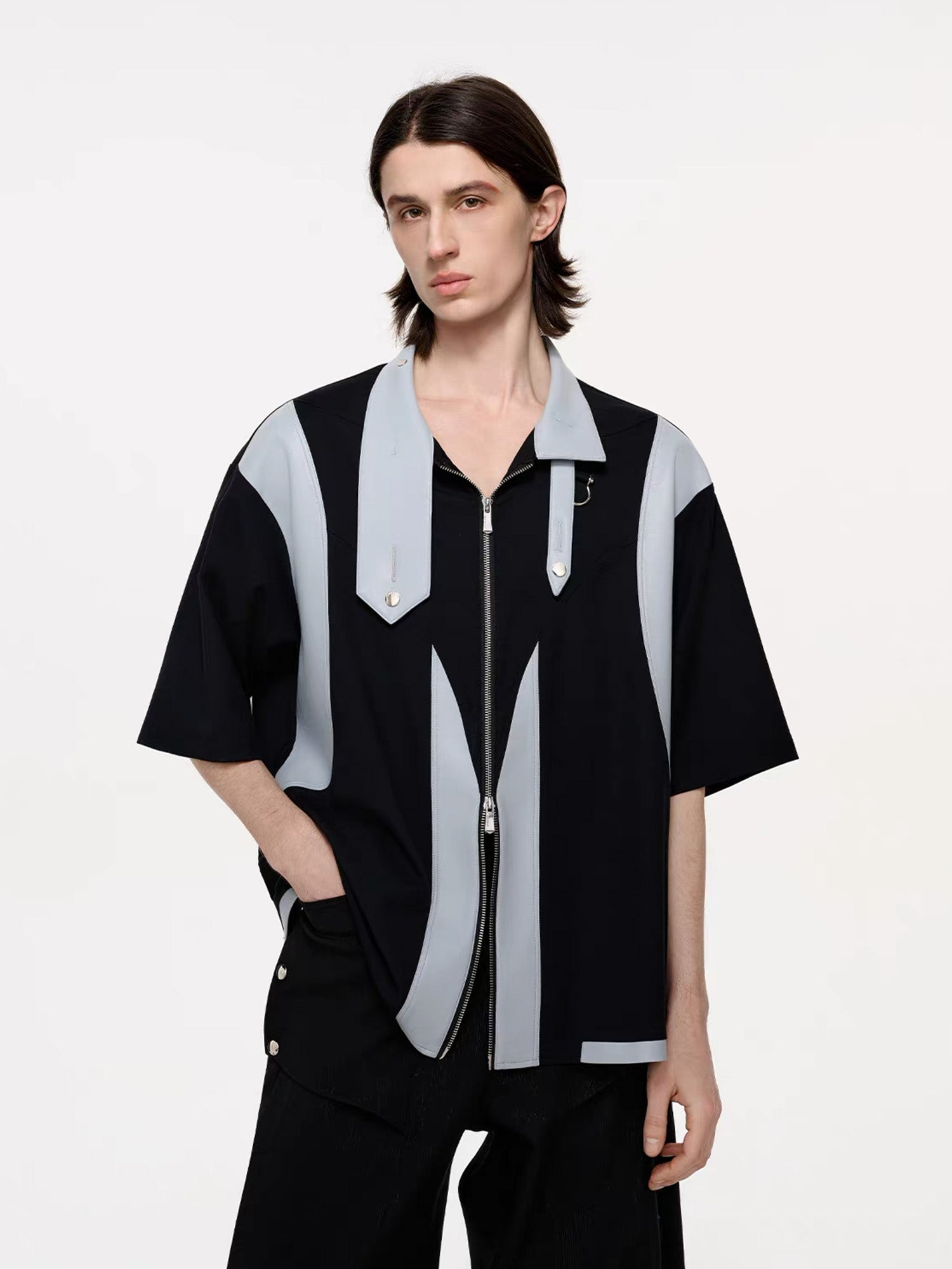 TIWILLTANG Layered-Collar Contrast-Panel Zip-Up Half Shirt