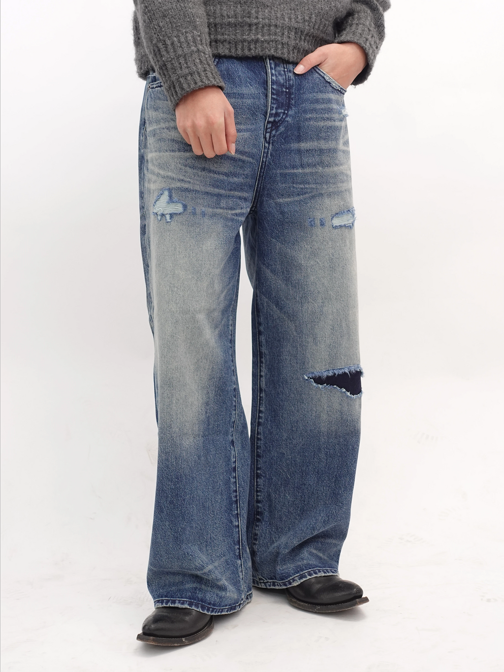 IN EXISTENCE x STM Washed Patched Distressed Straight Jeans