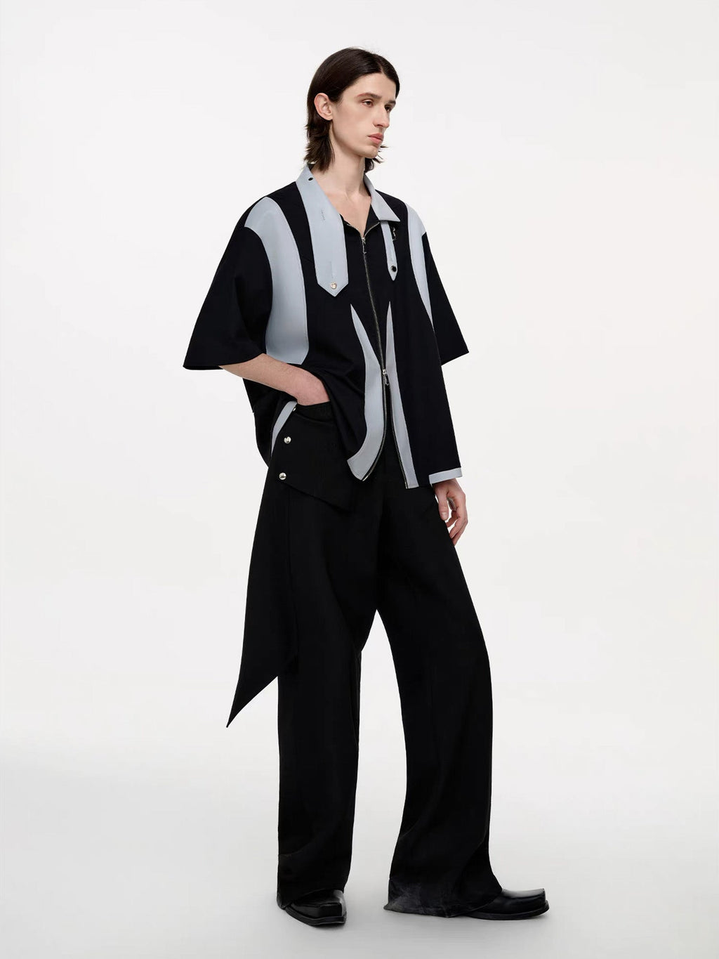 TIWILLTANG Layered-Collar Contrast-Panel Zip-Up Half Shirt