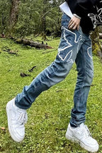 VINKID Dove Embroidered Distressed Stacked Jeans