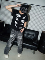 VINKID Distressed Grommet Strap Flared Jeans