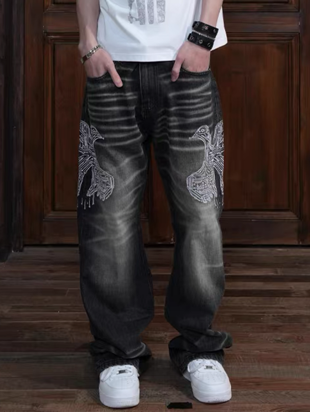 VINKID Faded Pigeon Embroidered Jeans